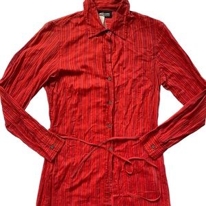 INC Womens Large Blouse Shirt Red Striped Long Sleeve Button Up SLIM Fits Medium